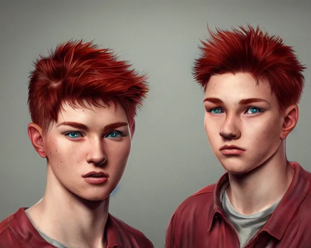 Image similar to portrait stocky of 1 9 - year - old male twins with red hair and freckles, two male, wearing shirts,, hyper realistic face, beautiful eyes, character art, art by mark brooks, hyperdetailed, cryengine, trending on artstation, digital art