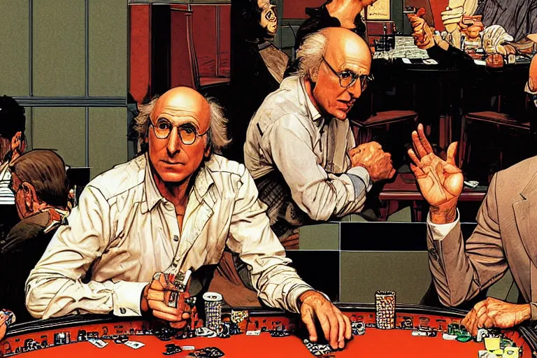 Image similar to larry david playing poker, very coherent, intricate design, painting by Laurie Greasley, part by Yoji Shinkawa, part by Norman Rockwell