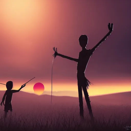 Prompt: a children's drawing of a stickman. intricate detailed illustration, fractal, cinematic lighting, wide angle, volumetric light scattering, sunset, 8k, artstation, concept art, octane render