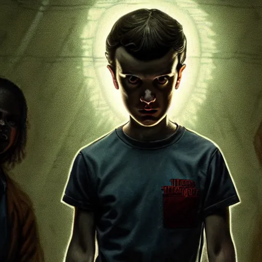 Image similar to a scene from stranger things, portrait, dark, with a surprised man, detailed face, with something scary in the background, like greg rutkowski and victo nagi