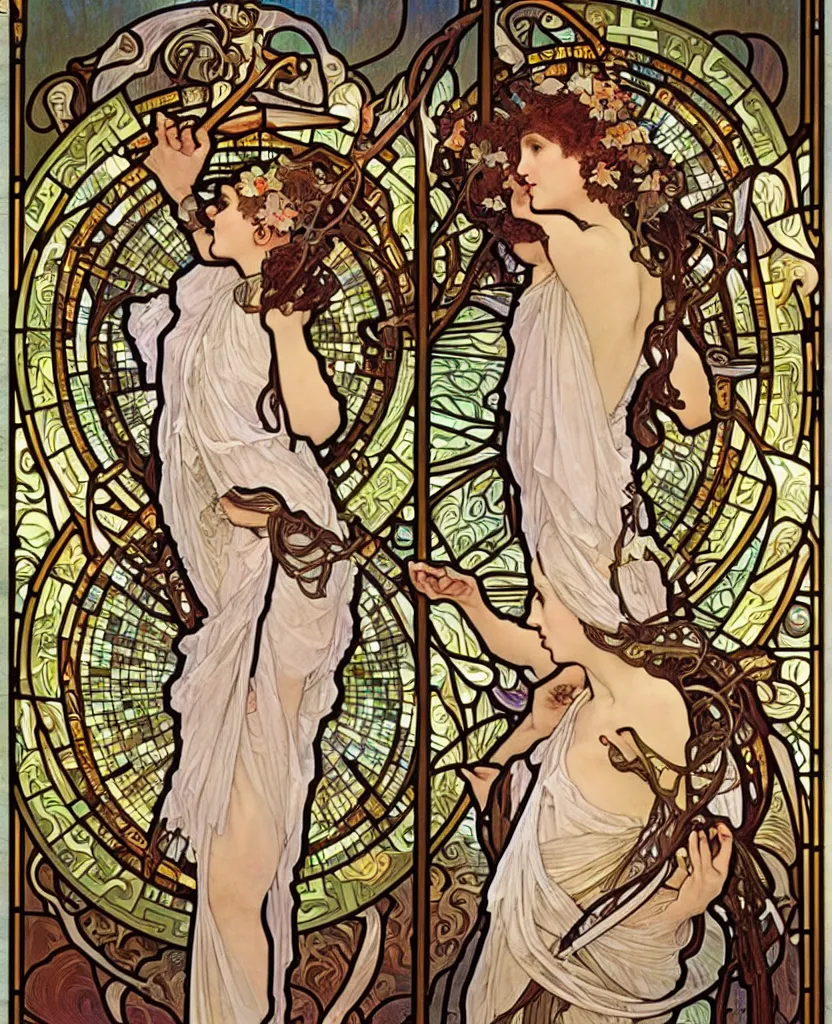 Prompt: goddess of hearing protection, ear plugs, music, dance, burning man, intricate, stained glass by alphonse mucha
