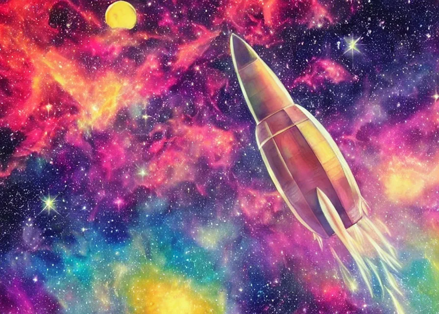 Image similar to rocket ship flying over huge and colorful nebula, pastels