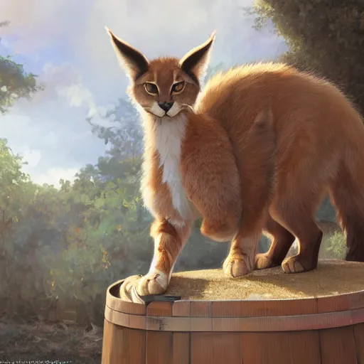 Image similar to a digital art of cute fluffy caracal near a wooden barrel lying at the side, at after noon, ancient greek city, sunny day, by krenz cushart and mucha and akihito yoshida and greg rutkowski and makoto shinkai, long shot, back lighting, detailed eyes, 4 k resolution, trending on art station