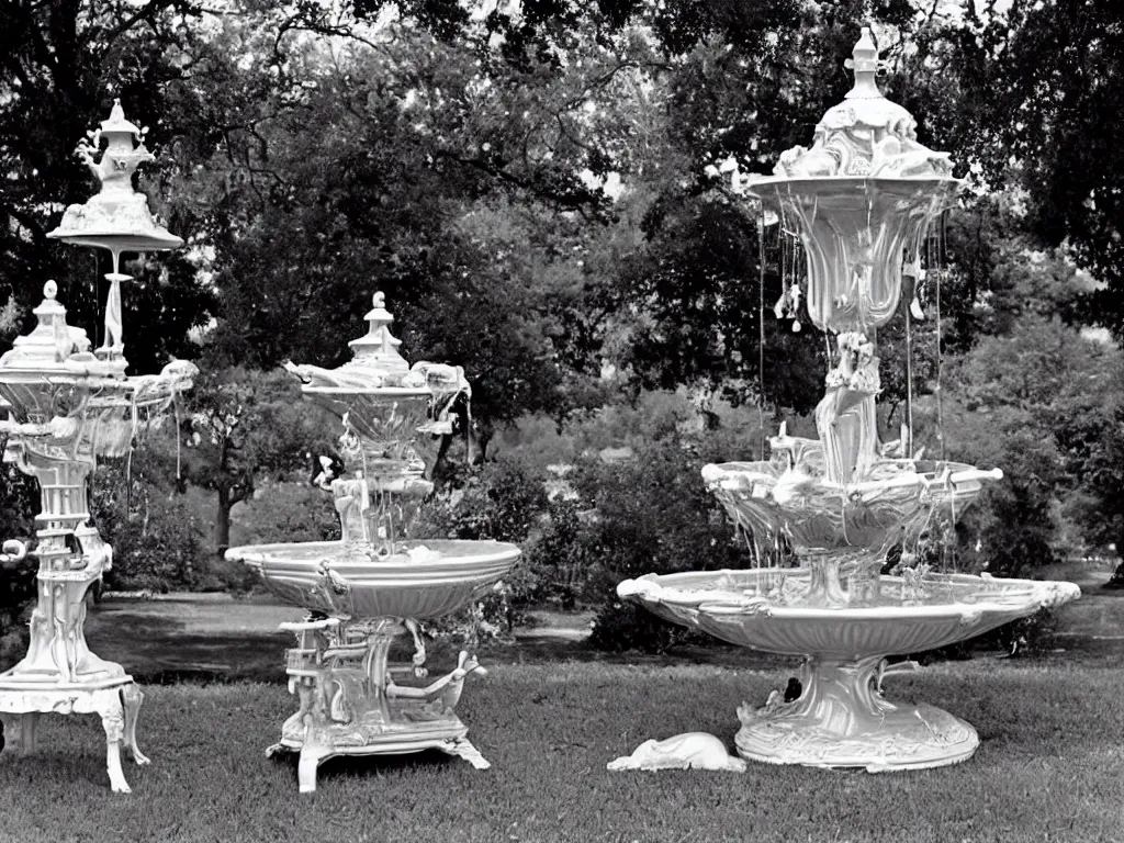 Image similar to Incredible ornate rich beefy gravy fountain in the gardens of the fried chicken mansion. Photograph from Booneville, Louisiana (1971)