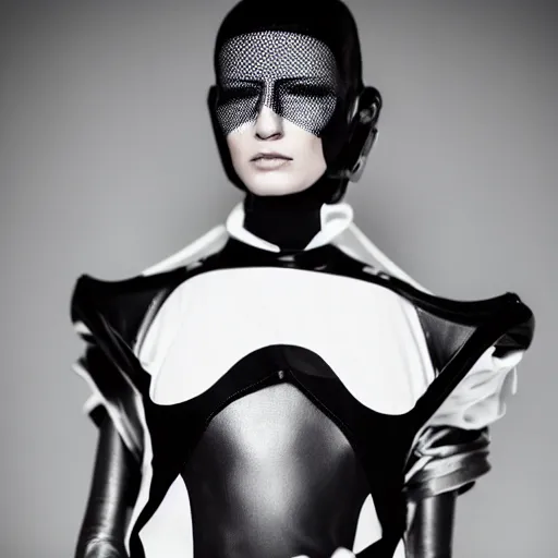 Image similar to fashion photography of an extraterrestrial model, with white eyes, wearing demobaza fashion, inside berghain, berlin fashion, harness, futuristic fashion, dark minimal outfit, photo 3 5 mm leica, hyperdetail, berghain, 8 k, very detailed, photo by nick knight