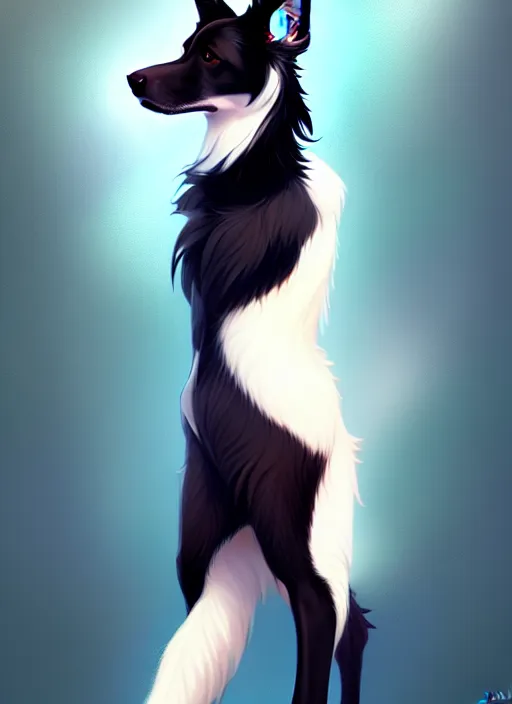 Image similar to wide angle beautiful full body portrait of a cute male anthropomorphic anthro border collie fursona looking directly at you, character design by charlie bowater, henry asencio, and ross tran, furry art, furaffinity, beautiful, glamor pose, detailed, aesthetic, trending on artstation