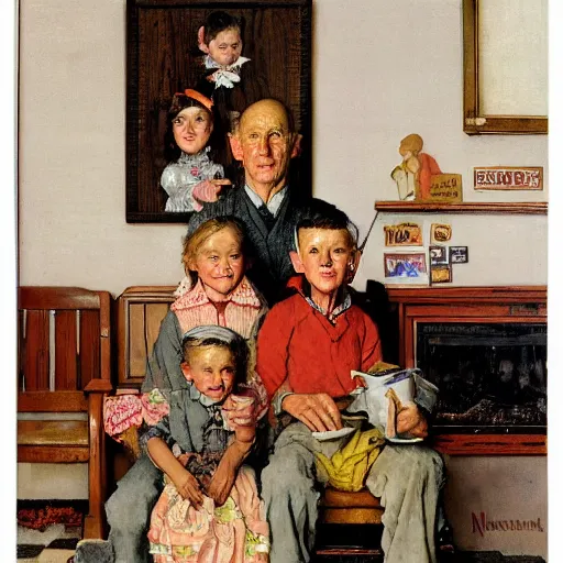 Prompt: A portrait of family of six. Man and wife, kids aged two, eight, twelve, fourteen. A painting by Norman Rockwell.