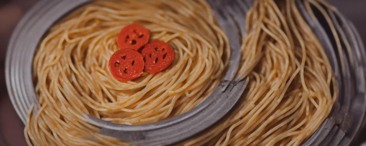 Image similar to macro shot of spaghetti, canon 1 0 0 mm, cinematic lighting, wes anderson film, kodachrome