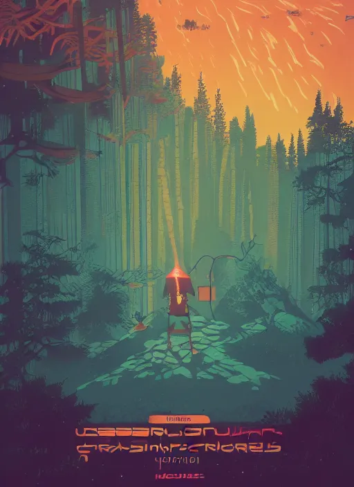 Prompt: an indie game poster of a translucent cyberpunk explorer transcending reality in the middle of a dense forest, midnight, risograph by ghostshrimp, kawase hasui, josan gonzalez, jean giraud, moebius, colourful flat surreal design, in the style of oxenfree, super detailed, a lot of tiny details