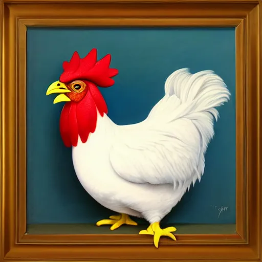 Prompt: a painting of a chicken, an ultrafine detailed painting by rafal olbinski, behance contest winner, pop surrealism, detailed painting, very detailed, minimalist, skeuomorphic, airbrush art