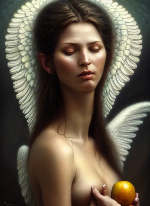 Prompt: woman as an angel holding fruits, fine art, intricate, elegant, highly detailed, realistic hair, centered, digital painting, art station, conceptual art, soft, sharp focus, illustration, artwork, artgerm, tomasz alen kopera, peter mohrbacher, donato giancola, wlop, boris vallejo