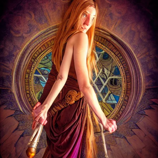 Prompt: portrait of a human mage ,fantasy, D&D, HDR, natural light, medium close shot, dynamic pose, award winning photograph, Mucha style