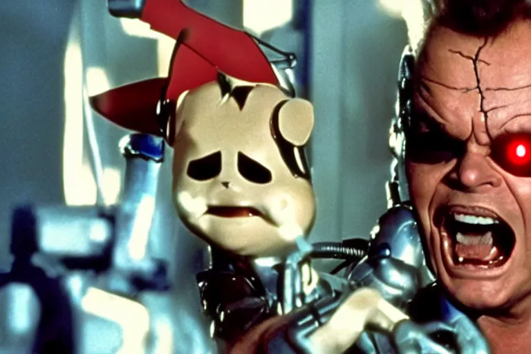 Image similar to Jack Nicholson plays Terminator Pikachu, scene where his inner exoskeleton is visible and his eye glows red, still from the film