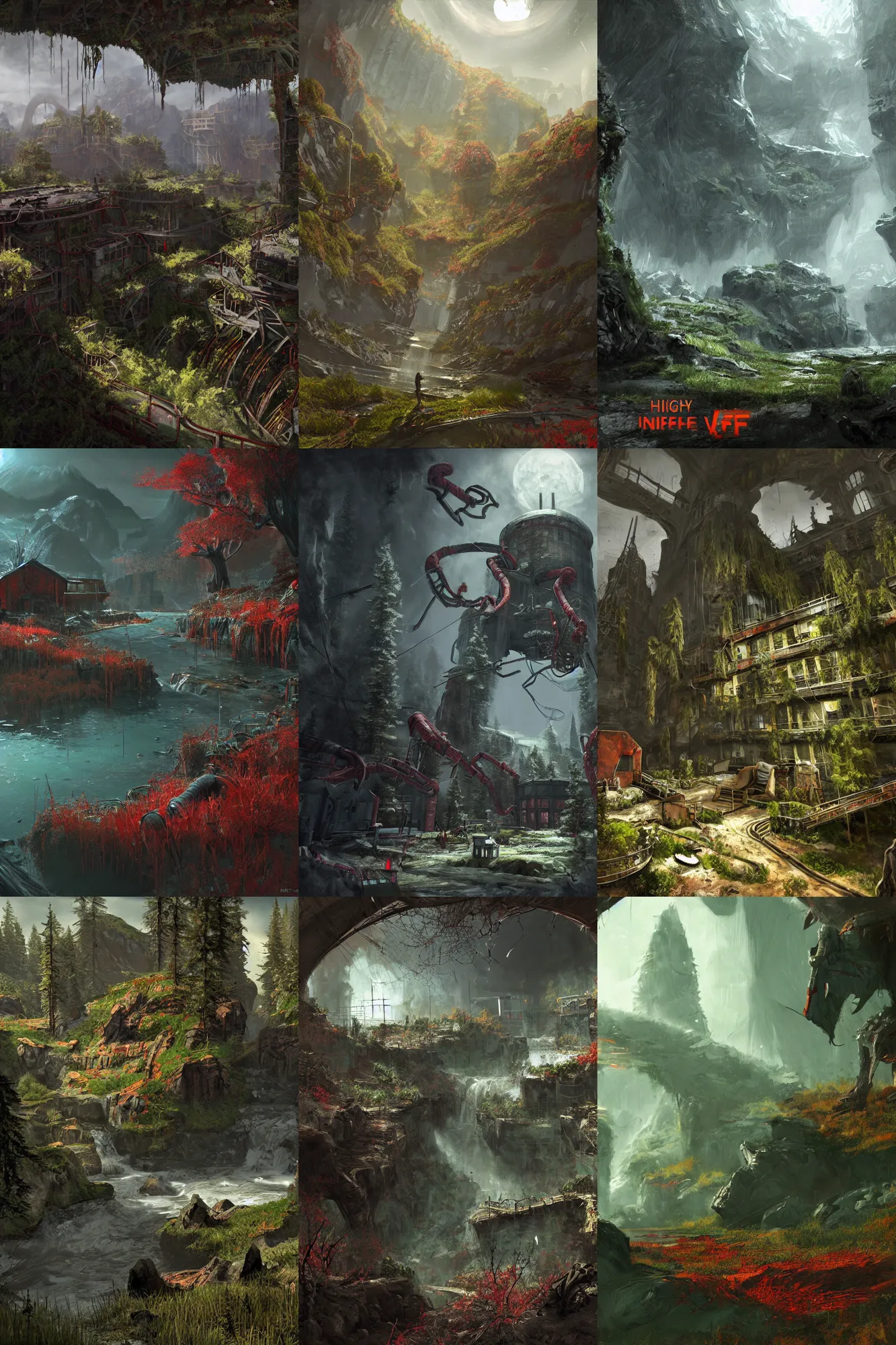 Prompt: highly detailed landscapes from half life game, dark, red, green, 4 k, unreal engine, detailed and intricate environment, digital paining, concept art