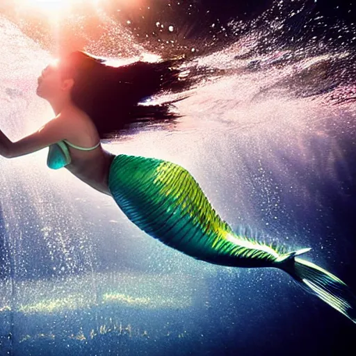 Image similar to marian rivera as mermaid breaking the surface of the water, underwater photography with light scattering and water refractions, smooth