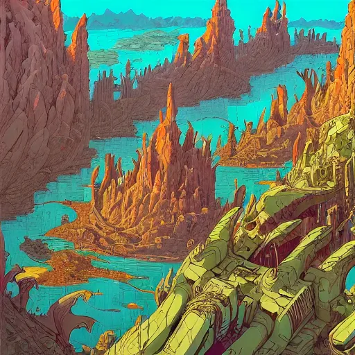 Image similar to cell shaded adult animation, a birds eye view overlooking a walled off ancient fantasy city being attacked by horrific monsters, surrounded by mountains and trees of greens and browns, rivers, concept art by josan gonzales and wlop, Laurie Greasley, Jordan Grimmer, Beksiński and james jean, highly detailed, sharp focus, Trending on Artstation, HQ, deviantart, art by artgem