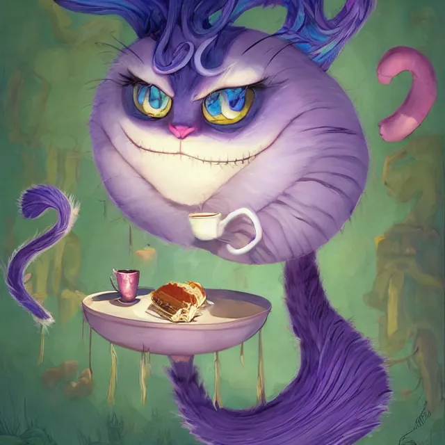 Image similar to cheshire cat drinking tea, by cory loftis, character art, very coherent, exquisite lighting, whimsical background, lighthearted, soft painting, masterpiece