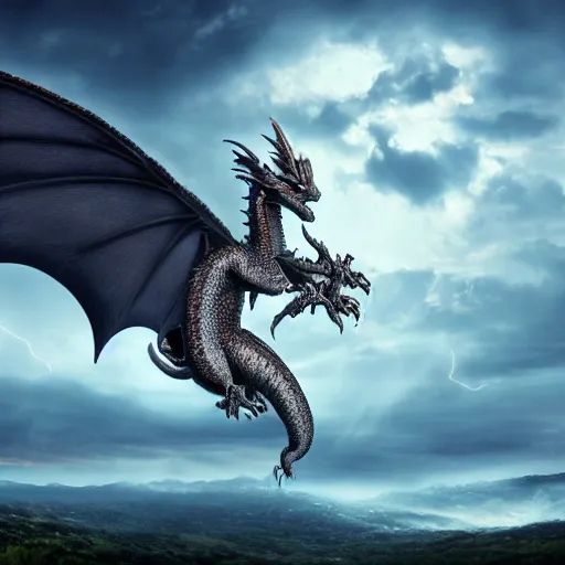 Prompt: A detailed and beautiful dragon flying surrounded by clouds and lightning in the sky with wings spread wide, 8k, hyper realistic