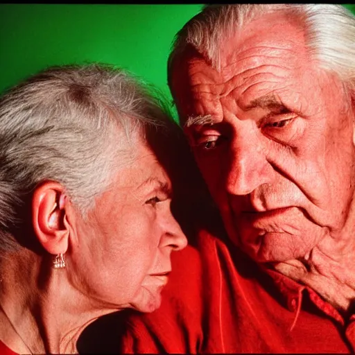 Image similar to a medium shot, colored studio photographic portrait of a old couple, dramatic, from below light, kodachrome camera, kodachrome, with strong reds and greens, 1 9 9 9 photo from life magazine,