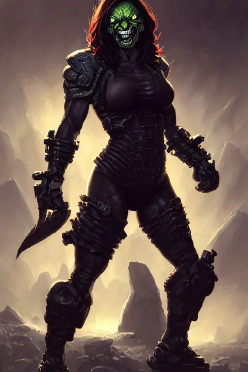 Image similar to gina carano as an ork with prothesis metallic left arm, casual black clothing, muscular, realistic proportions, casual pose, large portrait, sci - fi, shadowrun, rpg character, digital painting, artstation, concept art, smooth, 8 k frostbite 3 engine, ultra detailed, art by artgerm and greg rutkowski and magali villeneuve