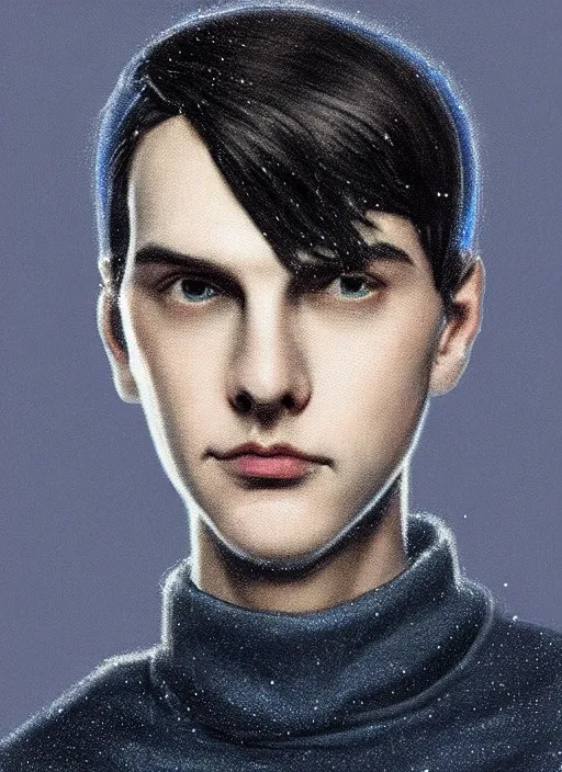 Image similar to portrait of teenage jughead jones wearing a light grey crown, crown, blue turtleneck, 1 9 5 0 s, closed eyes, photorealistic, black hair, glowing lighting, intricate, elegant, glowing lights, highly detailed, digital painting, artstation, concept art, smooth, sharp focus, illustration, art by wlop, mars ravelo and greg rutkowski