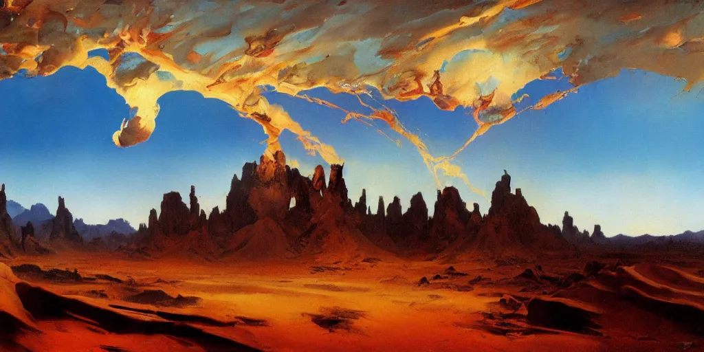Prompt: Arizona desert, the passage of time, Oil Paint, Overdimensional, Beautiful Lighting, by Frank Frazetta