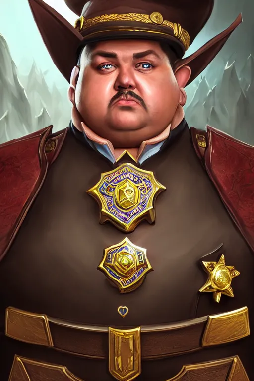 Prompt: high elf mall cop with a sheriff's badge that is fat, shifty, and incompetent, RPG portrait from the chest up, Oil Painting, hyperrealistic, Detailed Digital Art, dynamic lighting, Highly Detailed, Cinematic Lighting, 8k, HD