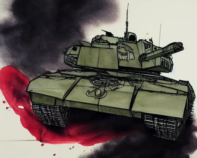 Prompt: Yoji Shinkawa's 'real life M1 Abrams Tank with red rose coming out of the barrel', ink and colours on silk, trending on pixiv, action shot, closeup, monochrome, watercolour