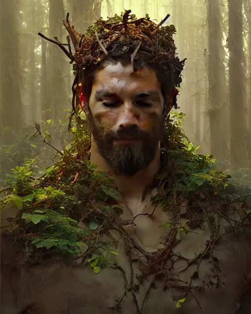 Prompt: god of the forest, 3 0 years old, rugged, male, gorgeous, detailed face, vines. forest, trees, flowers, amazing, muscular, intricate, highly detailed, digital painting, artstation, concept art, sharp focus, illustration, art by greg rutkowski and alphonse mucha