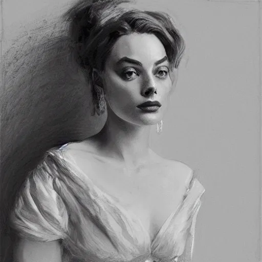 Image similar to portrait of Margot Robbie, antebellum dress, elegant, b&w shading, by Ilya Repin, and Greg Rutkowski