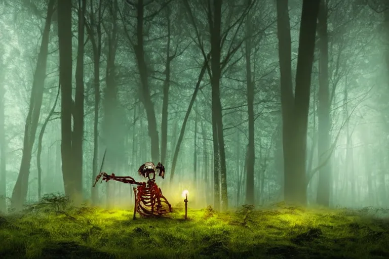 Image similar to a burning human skeleton sitting in foggy forest behind computer at moonlight night, overgrown with moss, dark atmosphere, dark fantasy, highly detailed