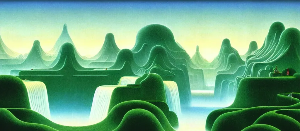 Image similar to huge gargantuan angular dimension of infinite poolroom liminal spaces, buildings by escher and ricardo bofill. utopian landscape by roger dean. magical realism, surrealism, waterfalls, clouds, mallsoft, vaporwave, trending on artstation, shot from below, epic scale