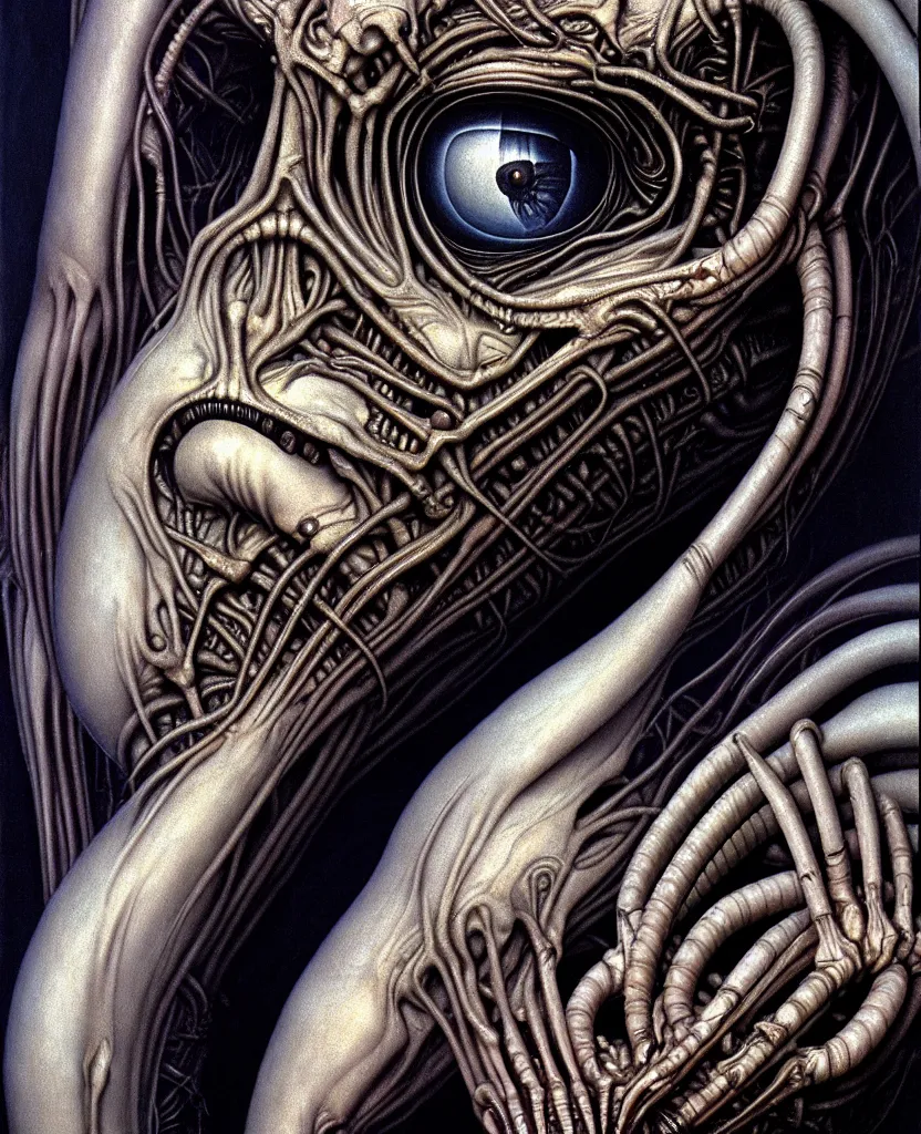 Prompt: newborn from alien, by hr giger, hd, hyper detailed, 4 k, depth perception, depth of field, neo - gothic, gothic. art by evelyn de morgan!!!, masterpiece