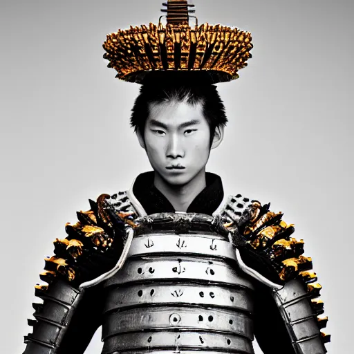 Image similar to a portrait of a beautiful young samurai male wearing an alexander mcqueen armor , photographed by andrew thomas huang, artistic