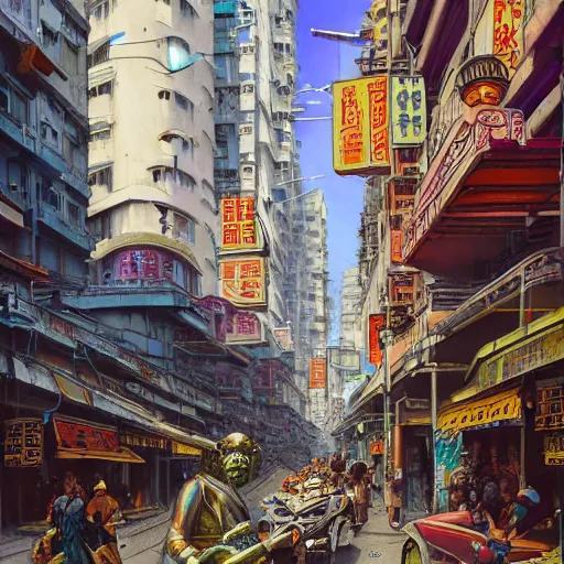 Prompt: art deco streets of the Undying Empire city of ya-Sattra during the Festival of Masks, award-winning realistic painting of cyberpunk Byzantine Hong Kong by Beszinski, Bruegel, and Yoshitaka Amano