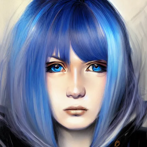 Image similar to full face shot of rimuru tempest, sky blue straight hair, long bangs, with amber eyes, wearing a fancy black jacket, high collar, ultra detailed, brush strokes, digital painting, cinematic, wlop artstation, closeup, pixiv, intense, intimidating glare, photorealistic, overpowering, andy warhol,