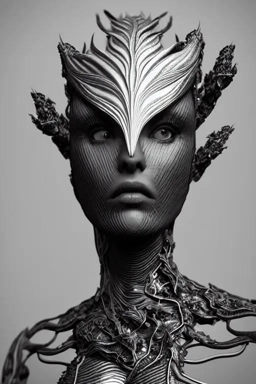 Image similar to bw close - up profile face, black background, beautiful young porcelain vegetal - dragon - cyborg - female, 1 5 0 mm, beautiful natural soft rim light, silver gold details, magnolia leaves and stems, roots, mandelbot fractal, elegant, ultra detailed, white metallic armour, octane render, h. r. giger style