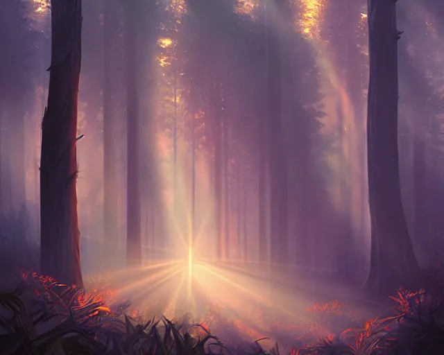 Prompt: dark twisted forest with god rays at sunset, deep focus, d & d, fantasy, intricate, elegant, highly detailed, digital painting, artstation, concept art, matte, sharp focus, illustration, hearthstone,