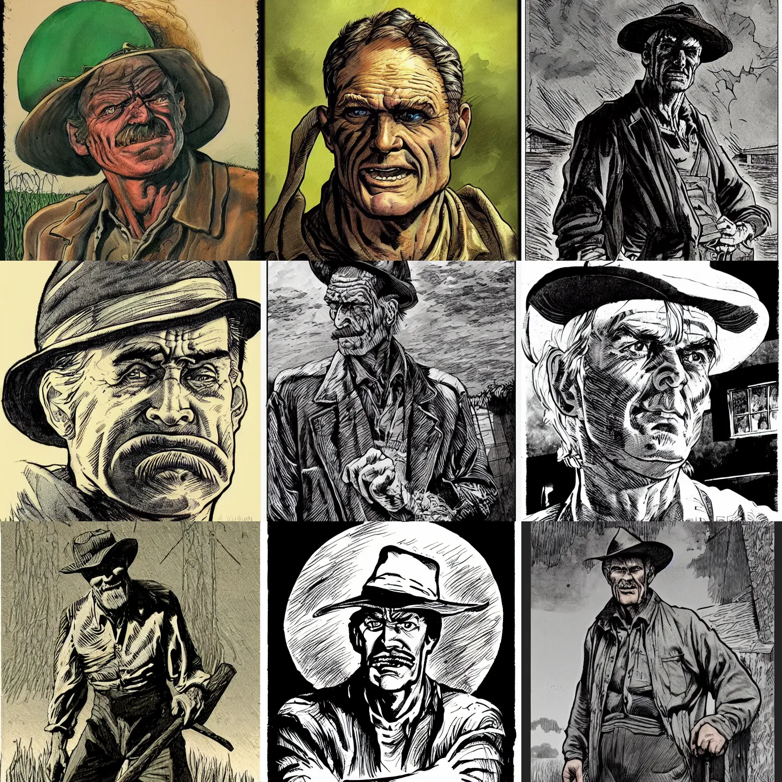Prompt: an old farmer portrait in the style of bernie wrightson comic cover