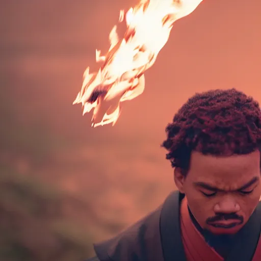 Image similar to cinematic film still of Chance The Rapper starring as a Samurai holding fire, Japanese CGI, VFX, 2022, 40mm lens, shallow depth of field, film photography