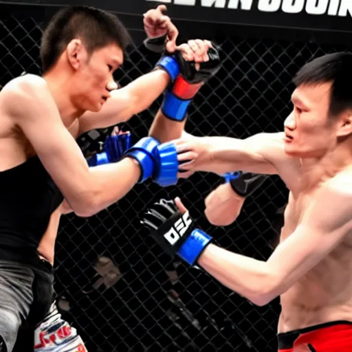 Prompt: vitalik buterin and changpeng zhao fighting in a ufc cage