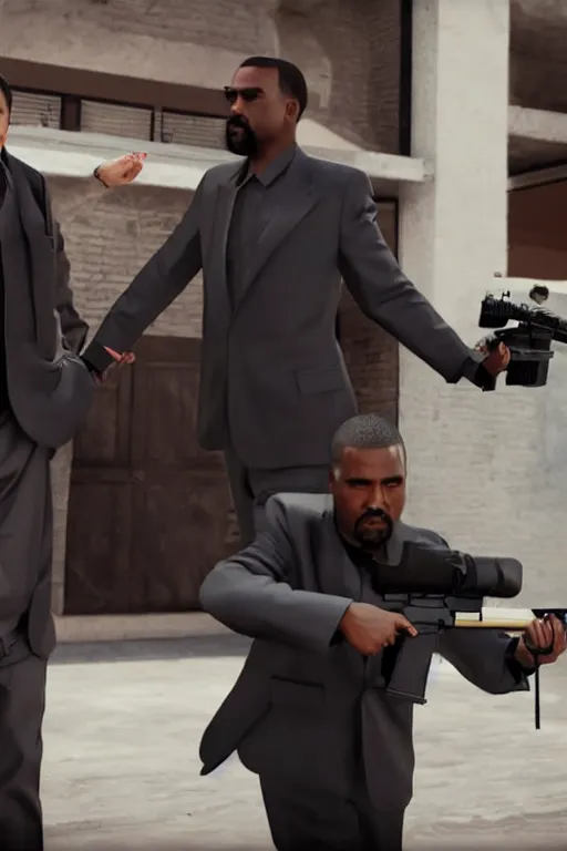 Prompt: hyperrealistic cinematic portrait of chow yun - fat and kanye west, wearing tuxedos, shooting guns in a quentin tarantino movie, 8 k, pulp fiction style, unreal engine