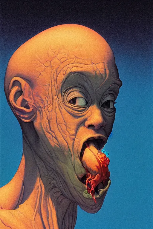 Image similar to a closeup portrait of a young alien man licking a blotter paper of LSD acid on his tongue and dreaming psychedelic hallucinations in cosmos, by kawase hasui, moebius, Edward Hopper and James Gilleard, Zdzislaw Beksinski, Steven Outram colorful flat surreal design, hd, 8k, artstation