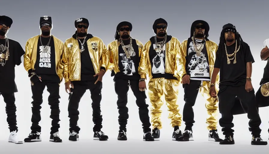 Prompt: full - body action shot of a gangsta rap group n. w. a. in gangsta outfits, posing like gangstas, expensive clothes, stern faces, symmetrical features, fancy cars, compton, l. a., gold and diamond jewelry, urban, afrofuturism in the style of boondocks, highly - detailed, octane render, unreal 5, realism,