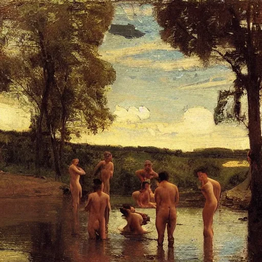 Prompt: oil painting by thomas eakins depicting a group of young men bathing at a swimming hole in rural england, 1 8 6 2, golden hour