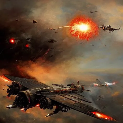 Image similar to huge steampunk aircraft in battle, sky, explosions, jakub rozalski