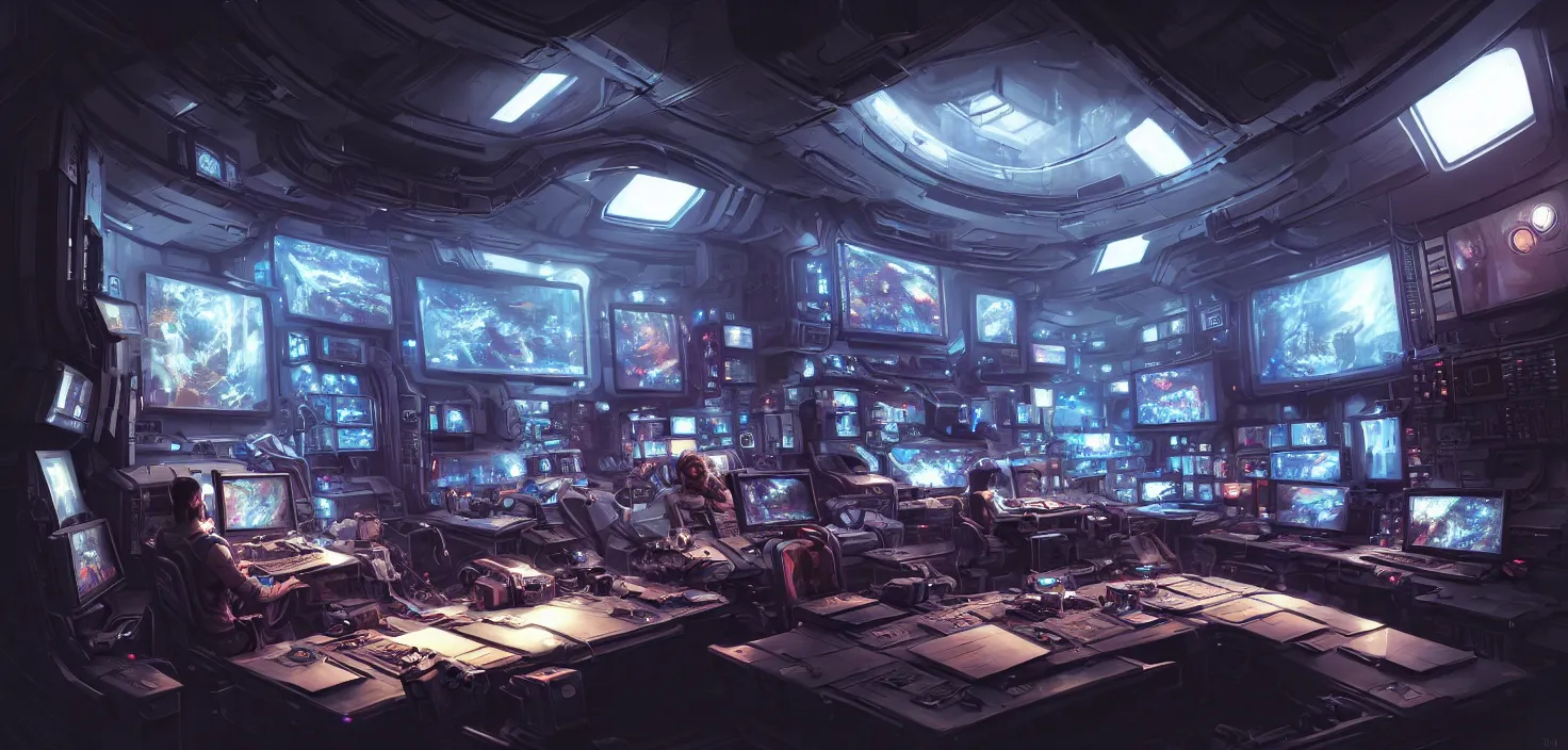 Image similar to a hyper detailed octane render concept art by xision wu, kerem beyit, sandara tang portrait of cyberpunk panel control spaceship room, dim lighting, detailed portraits, unreal engine 5, highly rendered, digital painting, hyper realistic, photo realistic, artstation, concept art, smooth, sharp focus perfect horizontal, symmetry illustration, detailed and intricate environment artstation hq