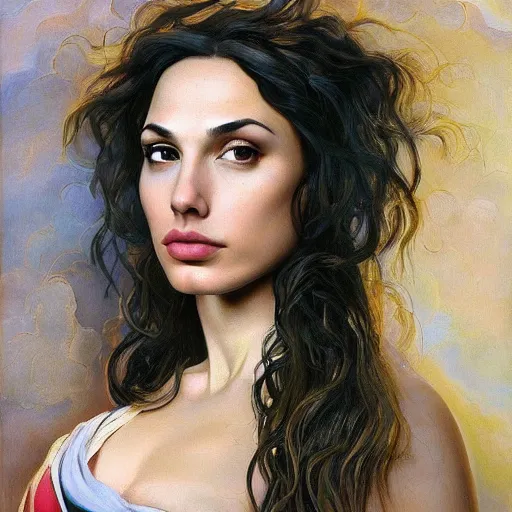 Image similar to Oil painting of the beautiful woman Gal Gadot, she is wearing some withe old cloths and a surreal ornate, her hair is natural disheveled, naturalism, dramatic lighting, high-detailed oil painting by Ilya Repin, Michelangelo da Caravaggio, William Blake, Alex Grey and Beksinski, trending on Artsatio, masterpiece, 4k, 8k,