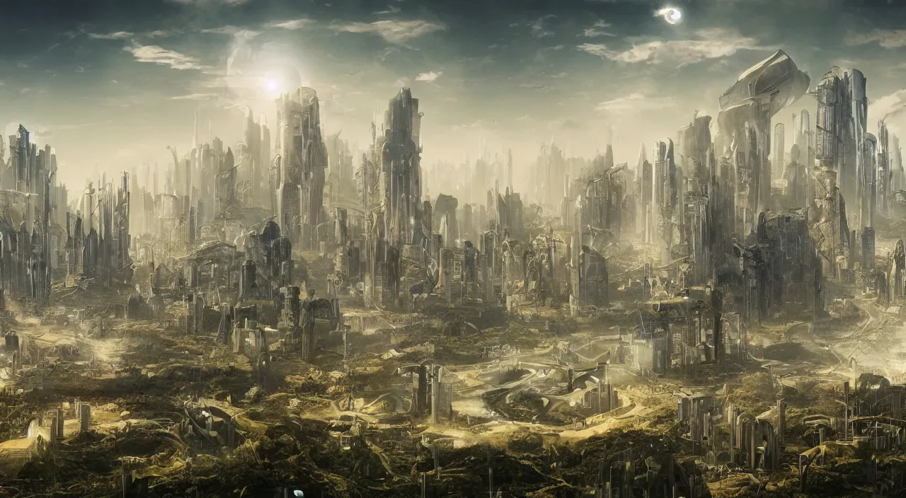 Prompt: future solarpunk, utopian lush city landscape, organic futuristic skyscrapers, in the middle of severe climate crisis, epic cinematic matte painting litho