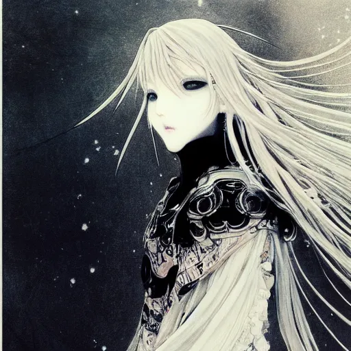 Image similar to Yoshitaka Amano blurred and dreamy illustration of an anime girl with black eyes, wavy white hair fluttering in the wind and cracks on her face wearing Elden ring armour with engraving, abstract black and white patterns on the background, noisy film grain effect, highly detailed, Renaissance oil painting, weird portrait angle, blurred lost edges, three quarter view